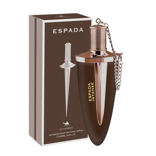 A bottle of Le Chameau Espada Intense 100ml Eau De Parfum by Rio Perfumes, elegantly shaped like a dagger with a chain attached, stands gracefully in front of its packaging box adorned with an image of a silver dagger.