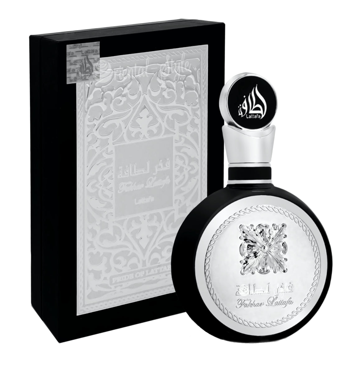 A bottle of Lattafa Fakhar Homme 100ml Eau de Parfum with a box.