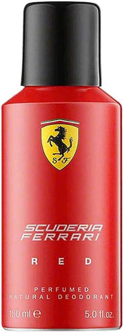 The Ferrari Scuderia Red 150ml Deodorant Spray, featuring a captivating red bottle with a stylish black cap and the legendary Ferrari emblem, encapsulates the excitement of Formula 1 in each spray.