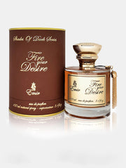 A bottle of Emir Fire your Desire 100ml Eau De Parfum by Paris Corner with a box next to it.