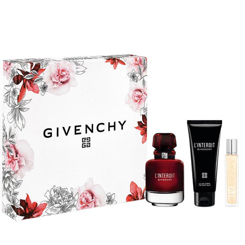 The Givenchy L'Interdit Rouge 80ml Eau De Parfum Gift Set includes a striking red Eau de Parfum bottle, a sleek black tube, and a compact spray bottle, all elegantly packaged in a floral box.