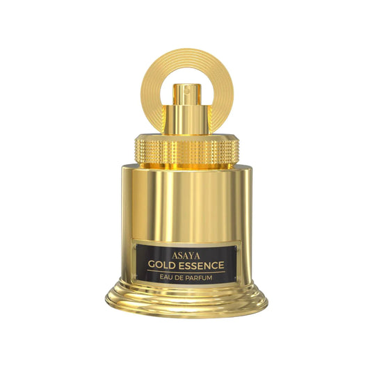 A golden bottle of Emper Asaya Gold Essence 100ml Eau De Parfum by Rio Perfumes with a circular design on top and black label on the front captures the essence of Arabian nights, offering an oriental melody in every spritz.