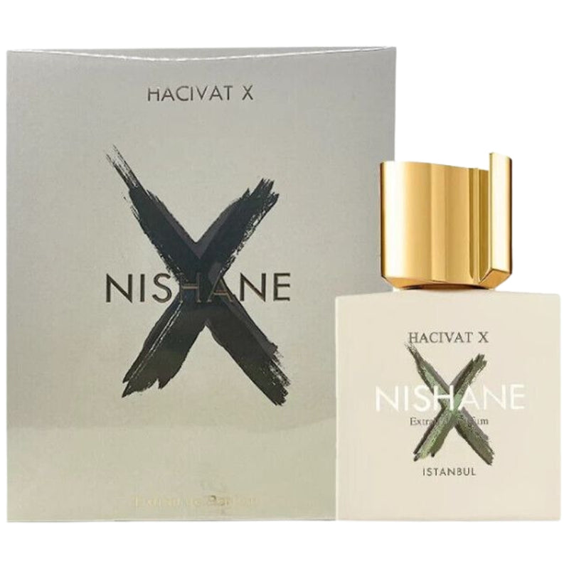 Load image into Gallery viewer, Perfume packaging and bottle of the Nishane Hacivat X 100ml Extrait De Parfum, an exquisite fragrance. The box features a prominent &quot;X&quot; alongside the text &quot;NISHANE,&quot; while the bottle displays a matte finish topped with a luxurious gold cap, suggestive of the rich vanilla aroma inside.
