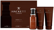 The Hackett London Absolute 100ml Eau De Parfum Gift Set is a stylish men's fragrance collection, including a spray bottle and two tubes, all in a sophisticated brown box with white text that epitomizes class.