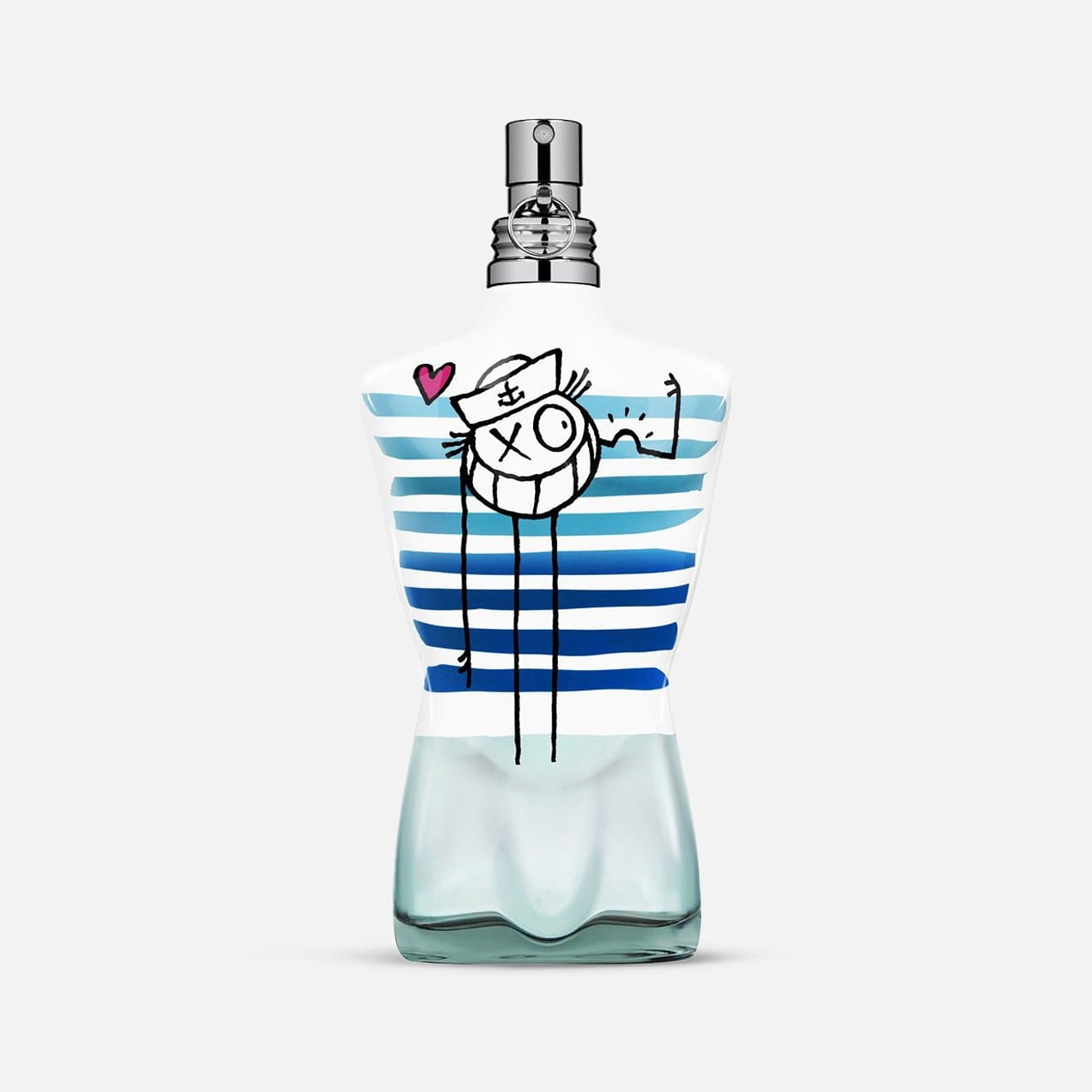 The Jean Paul Gaultier Le Male I Love Gaultier Eau Fraiche, an Eau de Toilette in a 125ml bottle, is adorned with blue stripes and a charming cartoon sailor design featuring a heart and "XO" on a white background. This fragrance perfectly captures the essence of whimsy and style for men who desire an elegant yet playful scent.