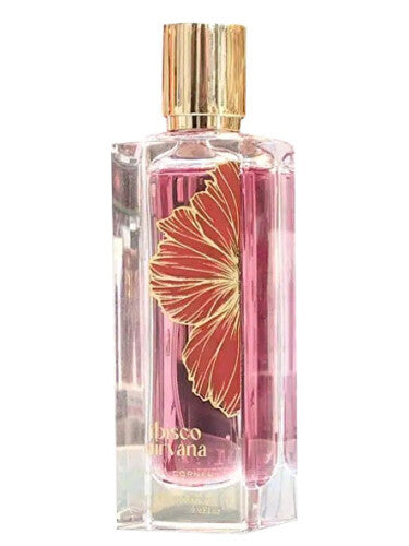 The Paris Corner Ibisco Nirvana 65ml Extrait De Parfum is a unisex fragrance showcased in a clear bottle with a gold cap, featuring pink liquid. Its label reads "Disco Mariana" with a gold-bordered red flower design, capturing allure for both men and women.