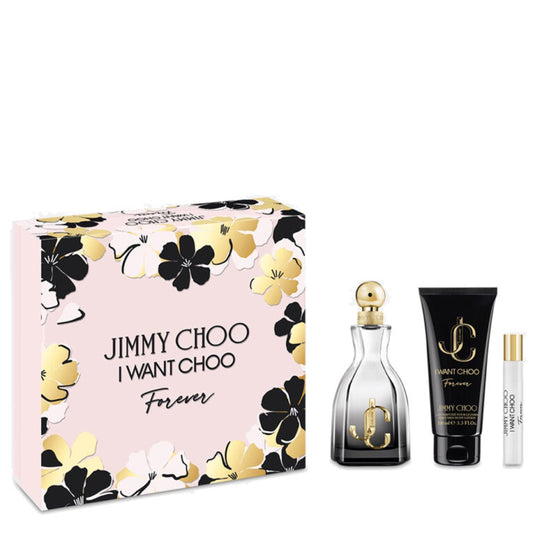 The Jimmy Choo I Want Choo Forever 100ml Eau De Parfum Gift set features a Floral Fruity Gourmand fragrance Eau De Parfum, body lotion, and rollerball perfume, all elegantly presented in black and gold packaging with floral embellishments.