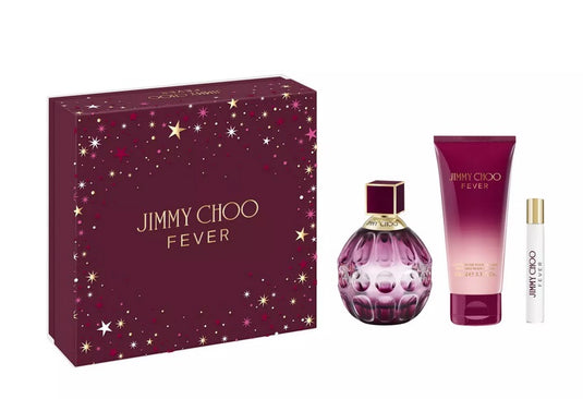 The Jimmy Choo Fever 100ml Eau De Parfum Gift Set by Rio Perfumes includes an alluring fragrance for women, presented in a decorative box with a perfume bottle, body lotion, and travel spray.