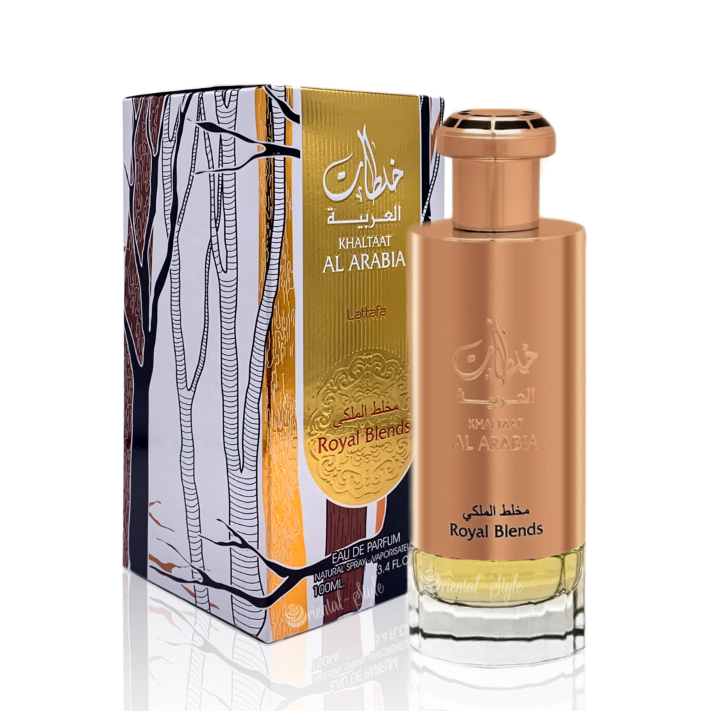 A 100ml Eau De Parfum bottle branded as "Lattafa Khaltaat Al Arabia Royal Blend" from Rio Perfumes, infused with Arabian Oud, is elegantly positioned next to a decorative box adorned with tree illustrations. This perfume exudes the luxurious charm of Lattafa Khaltaat Al Arabia Royal Blend.