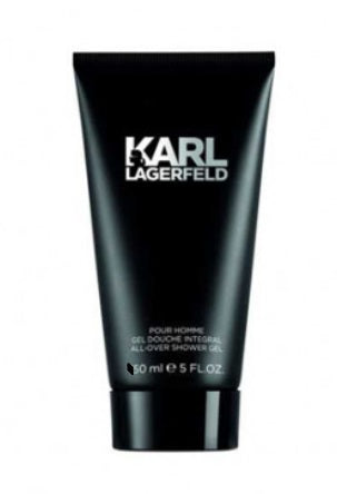 A black tube of Karl Lagerfeld Pour Homme 50ml All Over Shower Gel, showcasing the signature aromatic fougère fragrance from Karl Lagerfeld.