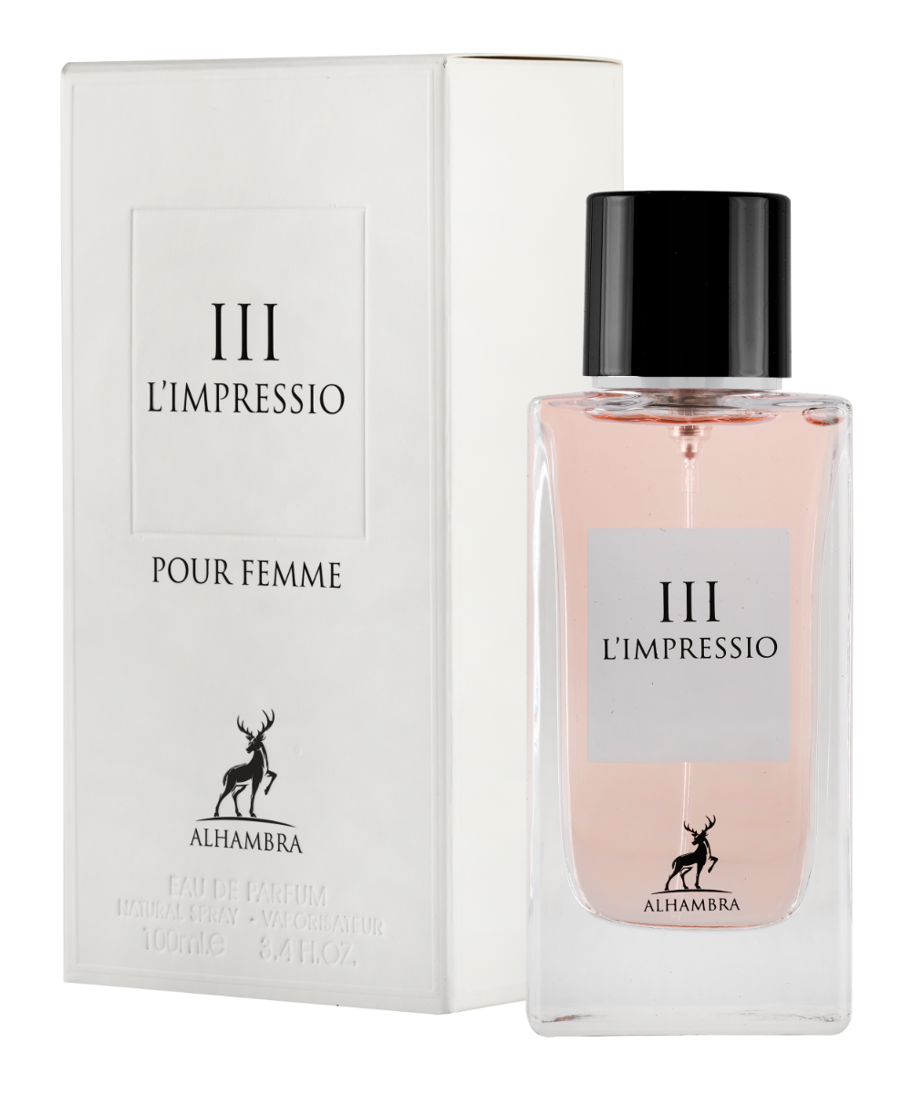 A bottle of "Maison Alhambra L’Impressio III Pour Femme 100ml Eau De Parfum" by Alhambra next to its packaging box, both featuring a deer logo.