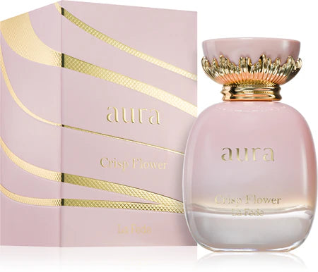 The Khadlaj Aura Crisp Flower 100ml Eau De Parfum is beautifully presented in a matching decorative box with pink and gold accents, embodying the essence of a floral fragrance.