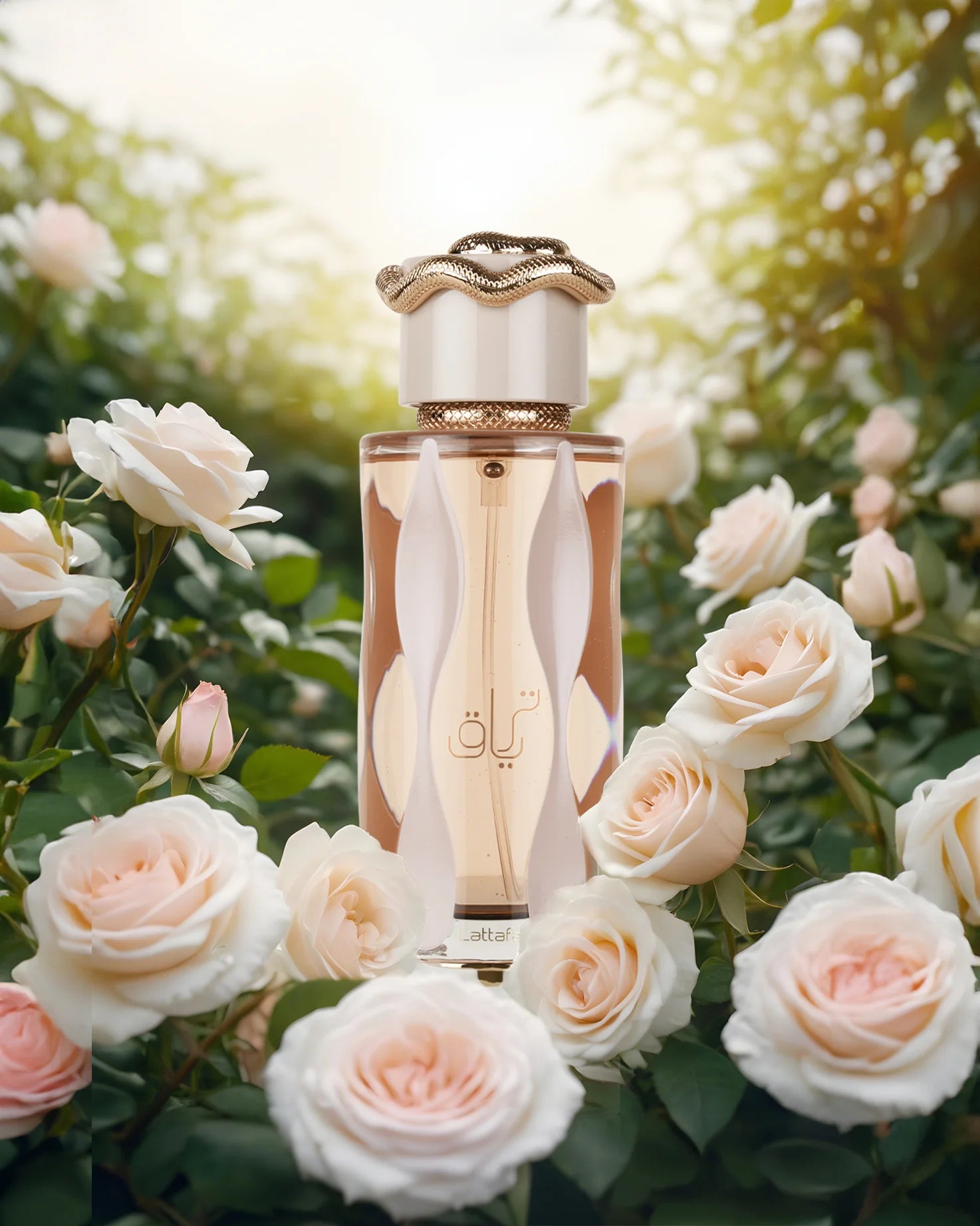 Amidst blooming white roses in a garden setting, the Lattafa Teriaq 100ml Eau De Parfum from Rio Perfumes stands elegantly, exuding a refined essence.