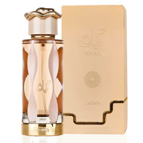 A bottle of Lattafa Teriaq 100ml Eau De Parfum, featuring an ornate cap, is showcased next to a matching beige box embellished with Arabic lettering and the brand name 