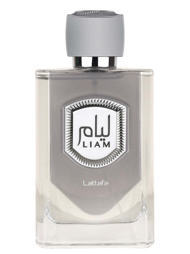 A clear glass bottle of Lattafa Liam 100ml Eau De Parfum from Rio Perfumes, featuring a gray cap and a silver-toned label on the front.