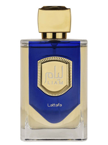 A clear glass bottle of Lattafa Liam Blue Shine 100ml Eau De Parfum by Rio Perfumes, featuring a blue liquid and a golden cap and label.