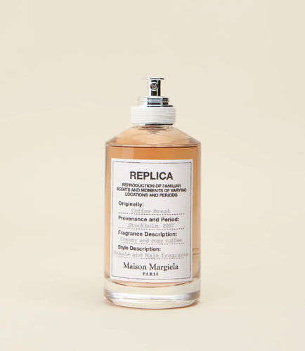 A 30ml bottle of Mason Margiela REPLICA's Coffee Break Eau De Toilette, featuring a fragrance described as creamy coffee and lavender.