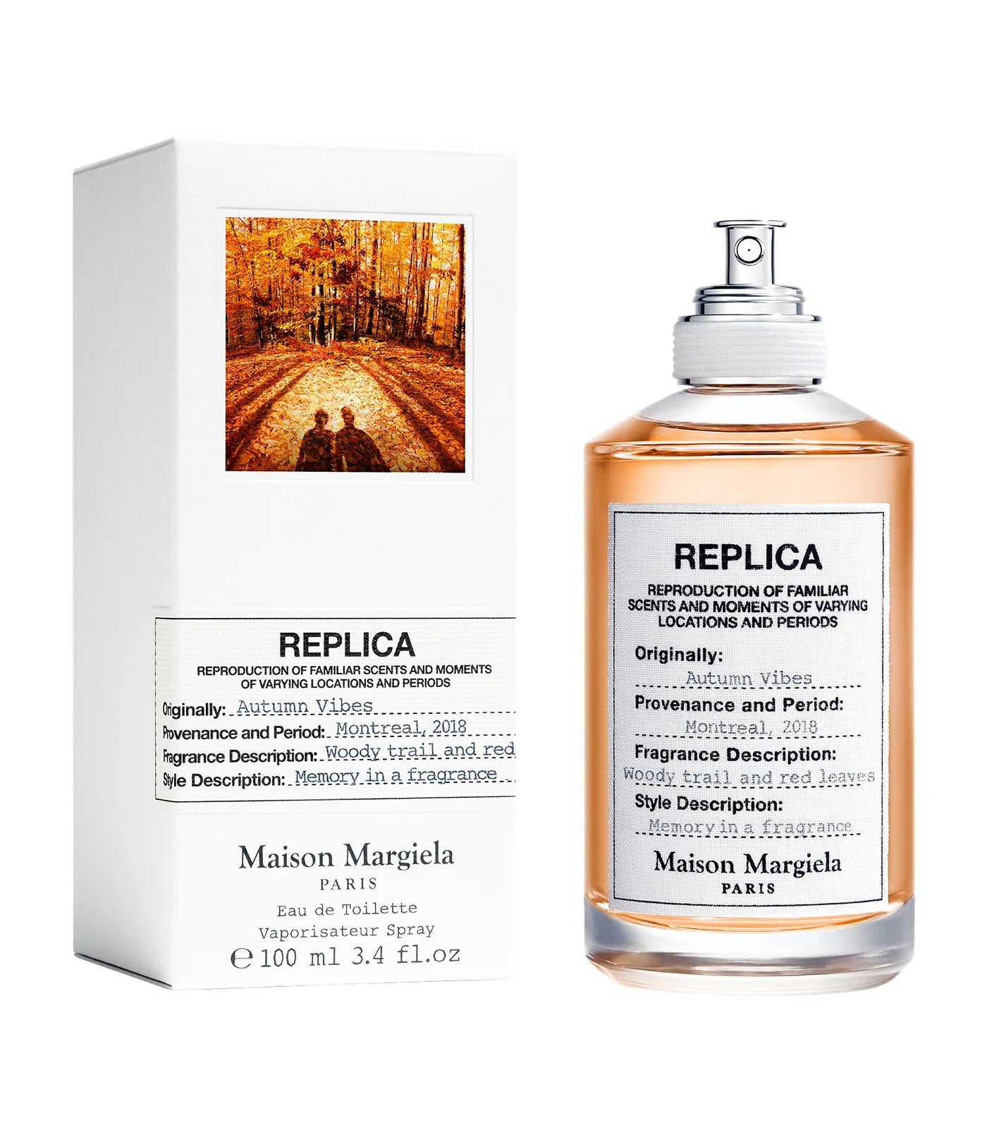 A bottle and box of Mason Margiela REPLICA Maison Margiela Replica Autumn Vibes 100ml Eau De Toilette feature autumn-themed imagery with scent descriptions like woody trail and red leaves. This fragrance for men & women embodies the essence of fall in every spritz.