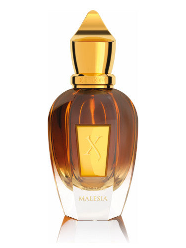 A bottle of Xerjoff Malesia 100ml Eau De Parfum with a gold lid.