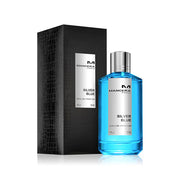 A bottle of Mancera Silver Blue 120ml Eau De Parfum is placed beside its black textured box.