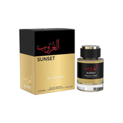 The "Sunset" by Milestone Perfumes is an elegant Eau De Parfum, presented in a bottle adorned with Arabic text and featuring a sophisticated gold and black design. This 100ml (3.4 fl oz) fragrance for both men and women blends oud to create a captivating essence.