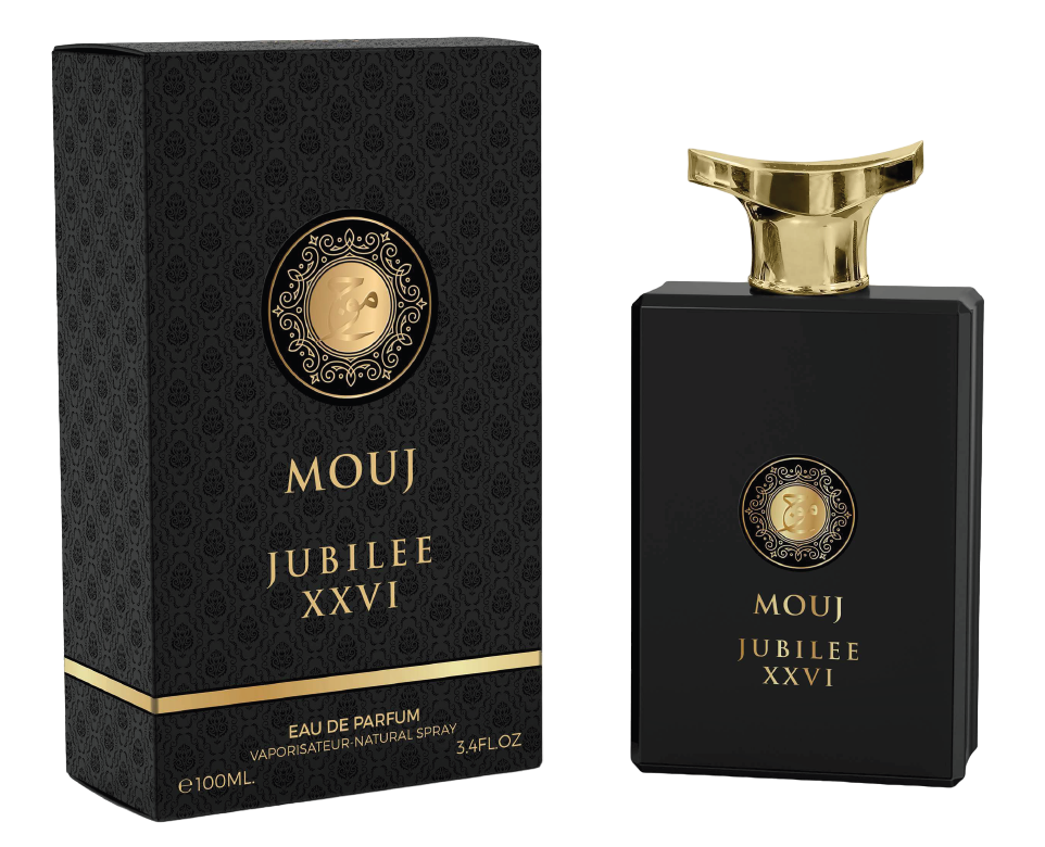 A black perfume bottle with a gold cap, labeled "Mouj Jubilee XXVI 100ml Eau De Parfum," stands next to its matching black and gold box. Text on the box indicates it is 100 ml of Eau de Parfum by Rio Perfumes. This exquisite fragrance captures timeless elegance.