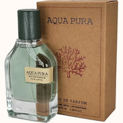 The Fragrance World Aqua Pura 70ml Eau De Parfum sits stylishly in front of its coral-themed cardboard box. This unisex fragrance by Fragrance World embodies sophistication and allure, making it ideal for those in search of a signature scent.