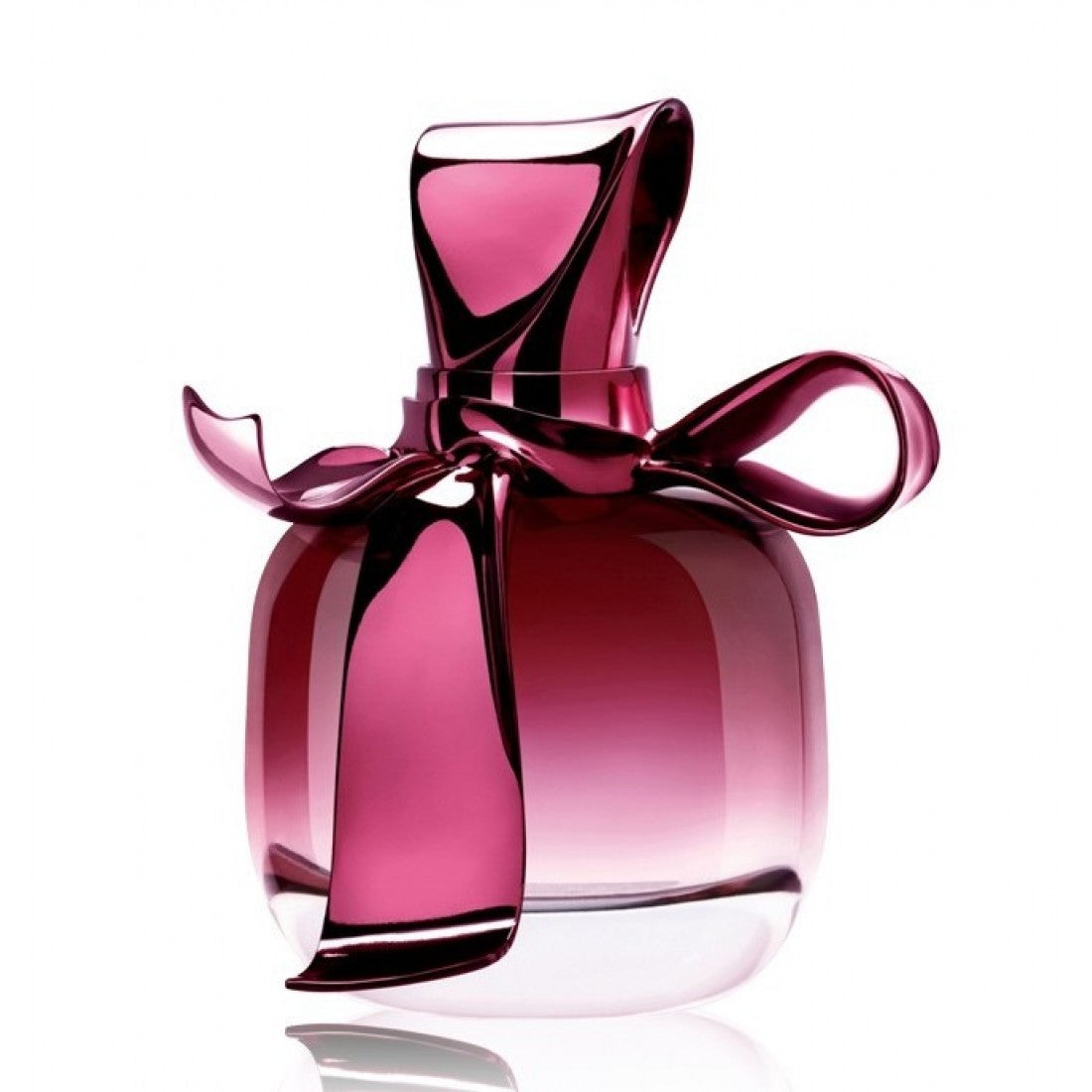 The Ricci Ricci by Nina Ricci 50ml Eau De Parfum features a pink gradient bottle decorated with a glossy, ribbon-like bow, presenting an elegant fragrance for women.