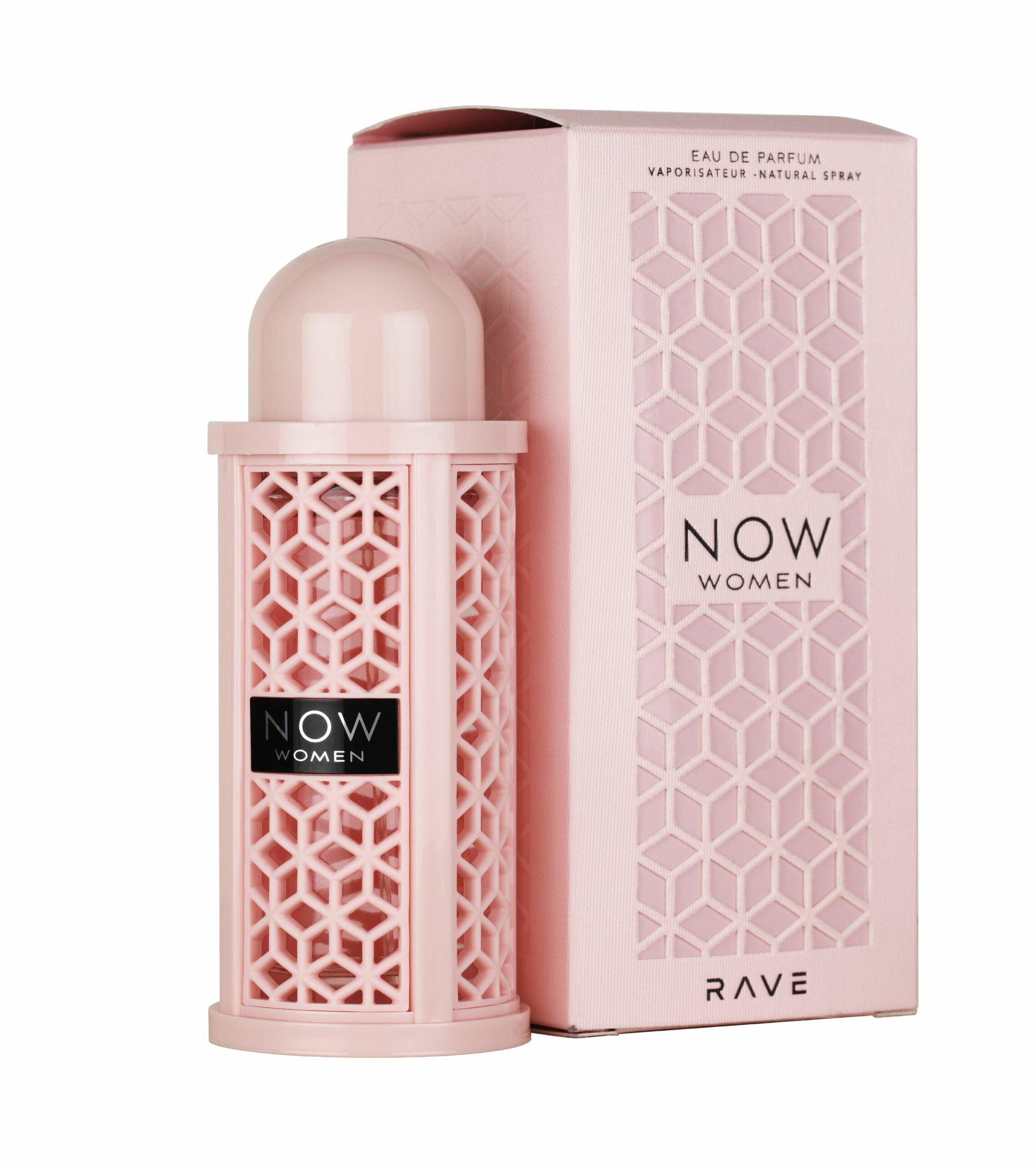 A pink perfume bottle with a geometric design sits next to its matching box labeled "Lattafa Rave Now Women 100ml Eau de Parfum," epitomizing the elegance of Dubai Perfumes, renowned for their luxury fragrances.