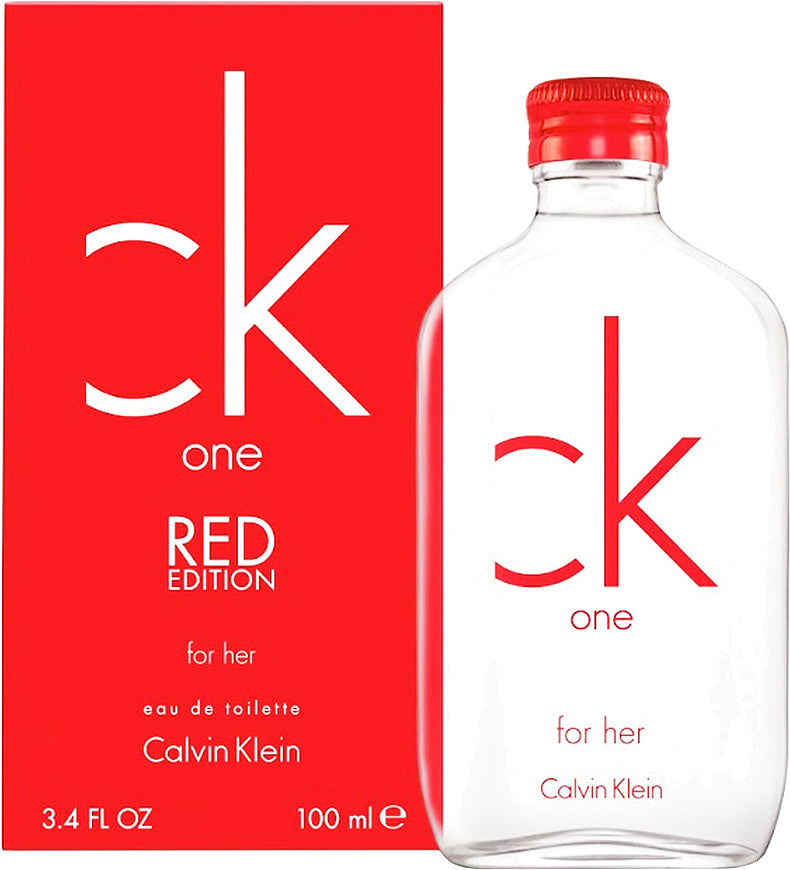 Calvin Klein presents CK One Red Edition For Her, a unisex fragrance housed in a clear bottle featuring a bold red cap and coordinating box. It is available as a 100 ml eau de toilette.