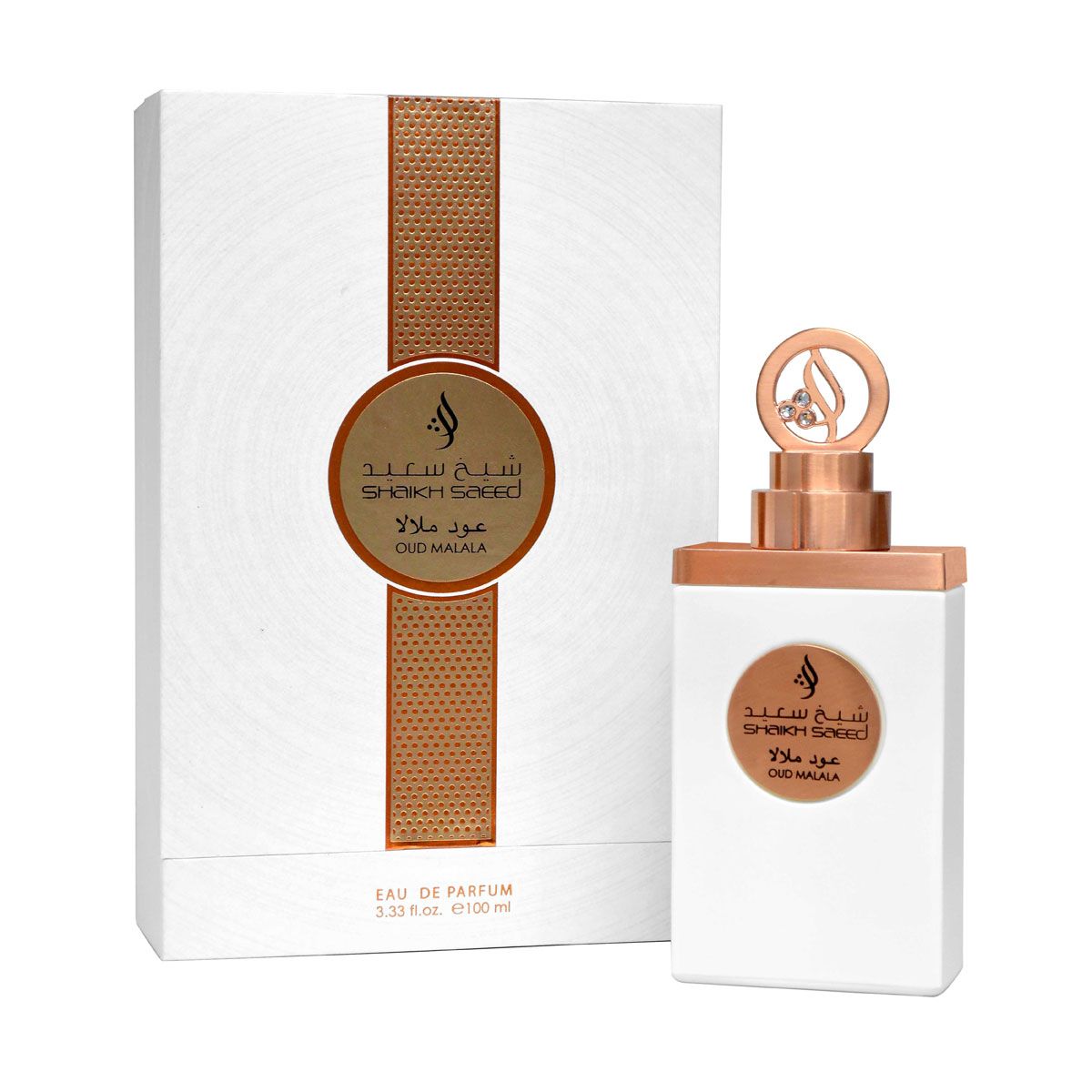 Bottle of Lattafa Shaik Saeed Oud Malala 100ml Eau De Parfum next to its packaging.