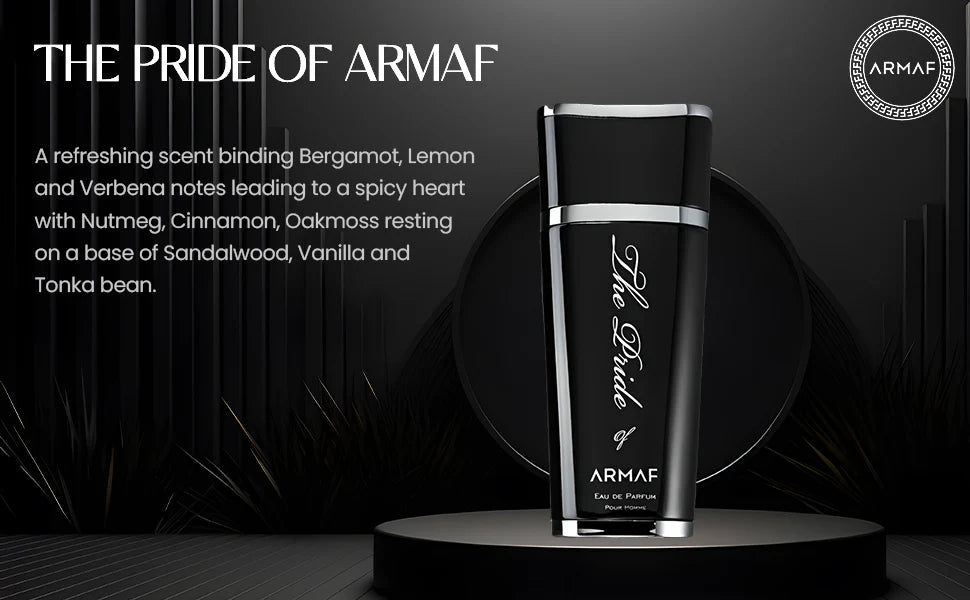 A 100ml bottle of Armaf The Pride of Armaf Eau De Parfum rests elegantly on a stand, with its black and silver design mirroring the captivating appeal of an amber spicy fragrance, ideal for men who value sophistication.