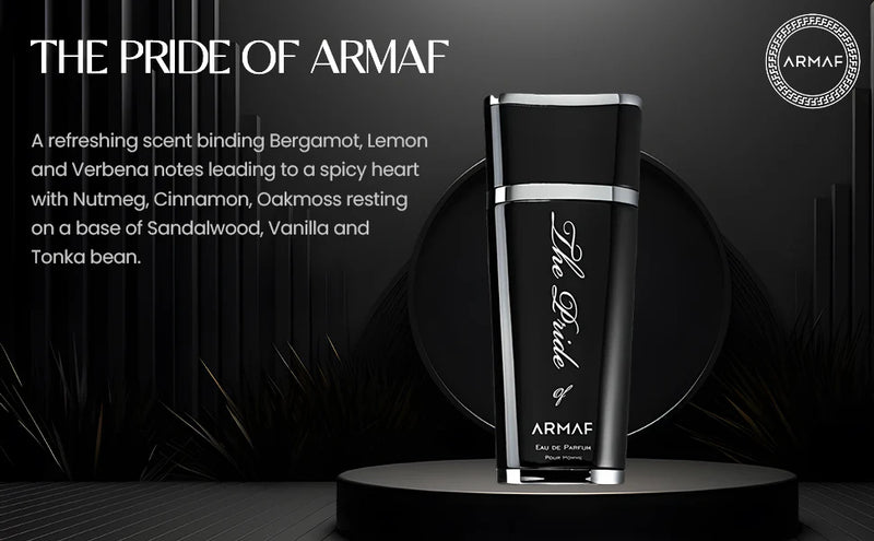 Load image into Gallery viewer, Illustration of the Armaf The Pride of Armaf For Men 100ml Eau De Parfum bottle elegantly placed on a circular platform. This amber spicy fragrance by Armaf offers notes of Bergamot, Lemon, Verbena, Nutmeg, Cinnamon, Oakmoss, Sandalwood, Vanilla, and Tonka bean.
