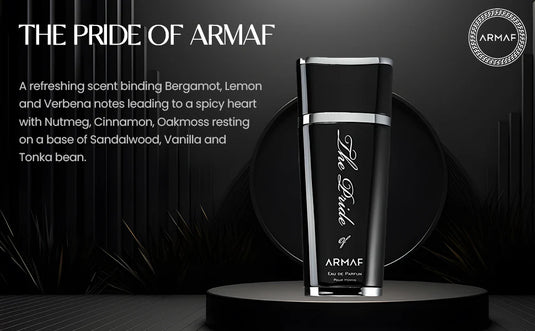 Illustration of the Armaf The Pride of Armaf For Men 100ml Eau De Parfum bottle elegantly placed on a circular platform. This amber spicy fragrance by Armaf offers notes of Bergamot, Lemon, Verbena, Nutmeg, Cinnamon, Oakmoss, Sandalwood, Vanilla, and Tonka bean.