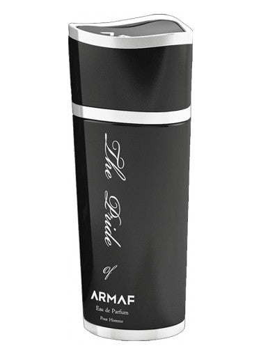 A black and white bottle of Armaf The Pride of Armaf 100ml Eau De Parfum, an amber spicy fragrance with "The Pride of" elegantly inscribed vertically on the side, perfect as a distinctive scent for men.