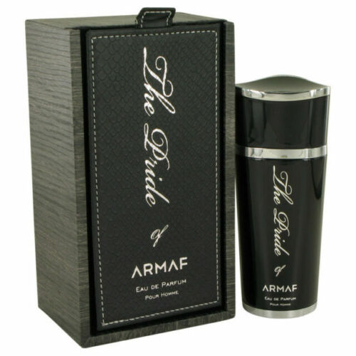 A "Armaf The Pride of Armaf 100ml Eau De Parfum" bottle in black, designed with an alluring amber spicy scent, is topped with a sleek silver cap and is gracefully presented alongside its coordinating black box. This refined fragrance for men embodies sophistication and charm.