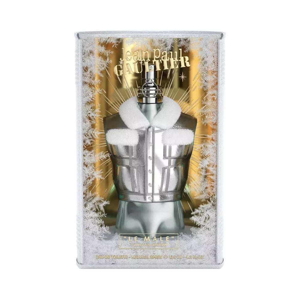 A 125ml bottle of Jean Paul Gaultier Le Male Edt Collector Edition, packaged in a snow-themed metallic box with a winter jacket design, embodies the ideal men's fragrance.