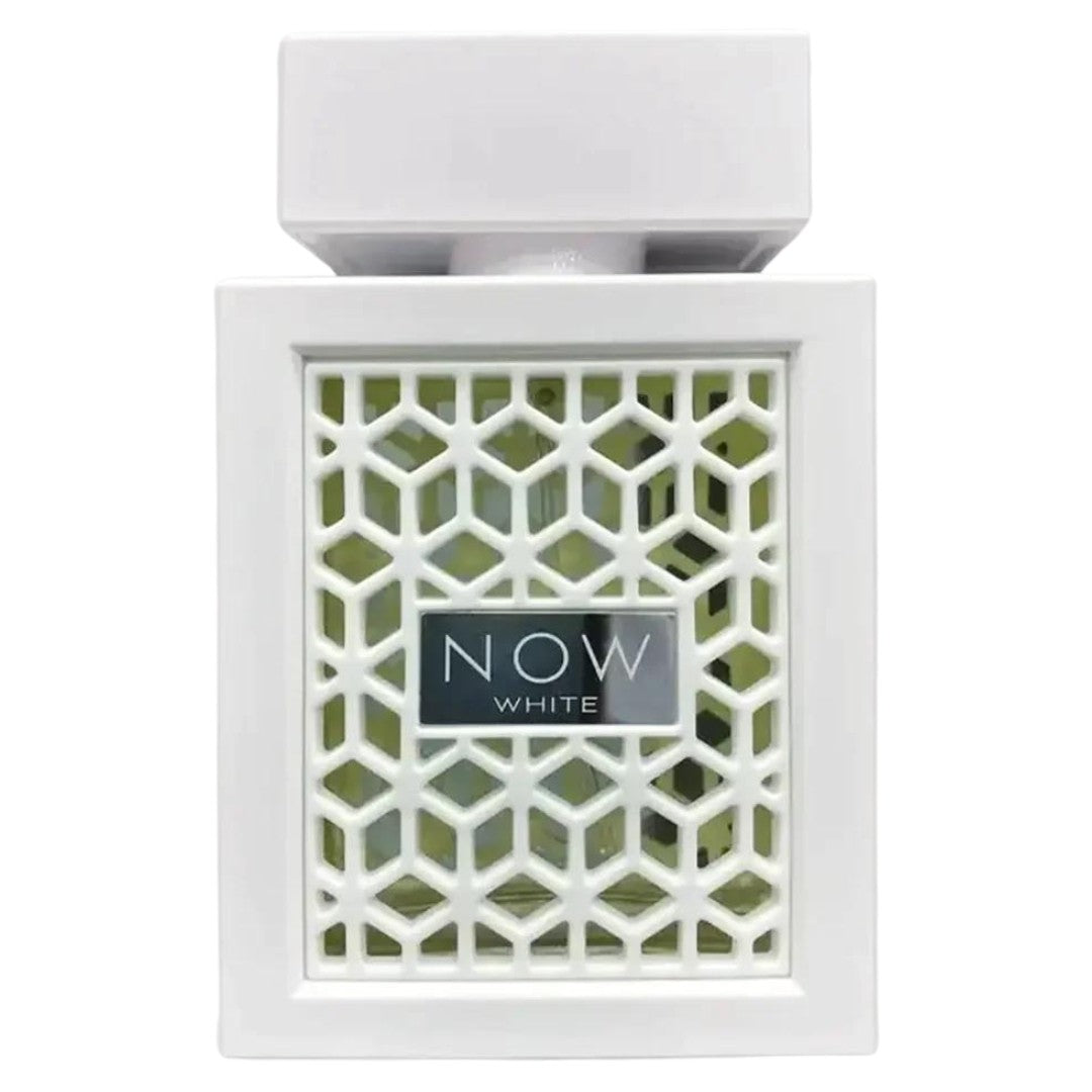 A white rectangular perfume bottle with a honeycomb-patterned front and a "Lattafa Rave Now White 100ml Eau de Parfum" label in the center. This product by Dubai Perfumes contains an enticing unisex fragrance, perfect for those seeking sophistication.