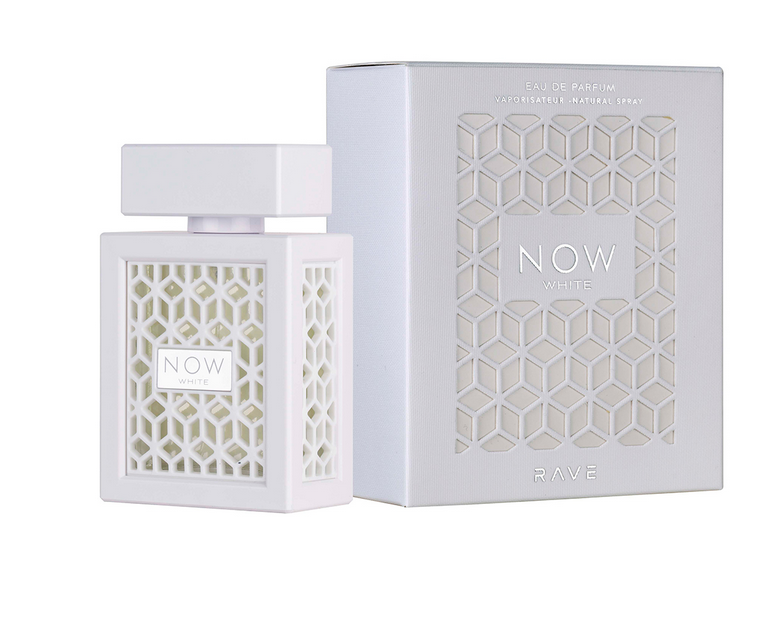 White perfume bottle labeled "Lattafa Rave Now White," a 100ml Eau De Parfum by Dubai Perfumes, next to a matching white box with a geometric cutout design. Suitable as a fragrance for men and women.