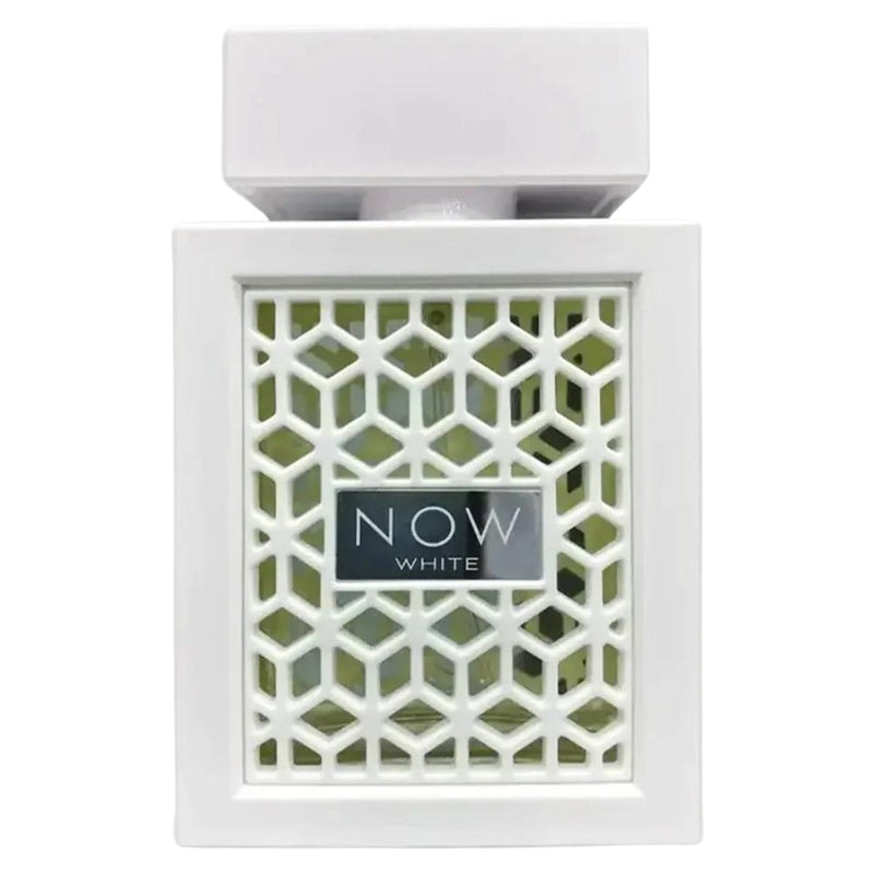 Load image into Gallery viewer, A white rectangular perfume bottle with a honeycomb-patterned front and a &quot;Lattafa Rave Now White 100ml Eau de Parfum&quot; label in the center. This product by Dubai Perfumes contains an enticing unisex fragrance, perfect for those seeking sophistication.
