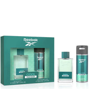 Reebok Cool Your Body set includes a 100ml Eau de Toilette and a 150ml deodorant body spray, designed as a refreshing fragrance for men, presented against a sleek white background.