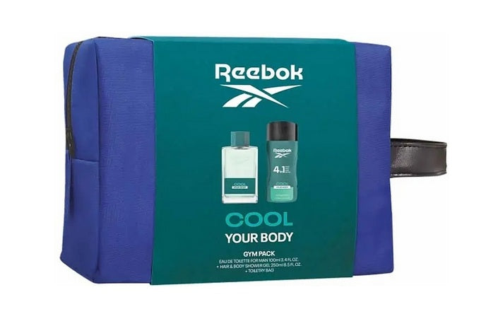 The Reebok Cool Your Body gym pack for the modern man features a 100ml eau de toilette and 250ml shower gel, all elegantly housed in a stylish blue toiletry bag.