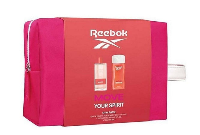 Reebok's "Move Your Spirit" gym pack includes a 100ml Eau de Toilette, 250ml shower gel, and a toiletry bag, offering an ideal fragrance for active women.