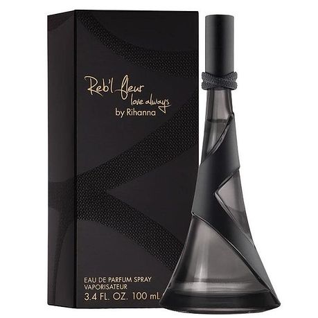 A sophisticated black bottle of "Rihanna Reb'l Fleur Love Always" 100ml Eau De Parfum by Rihanna sits elegantly beside its matching box, capturing a timeless fragrance for women.