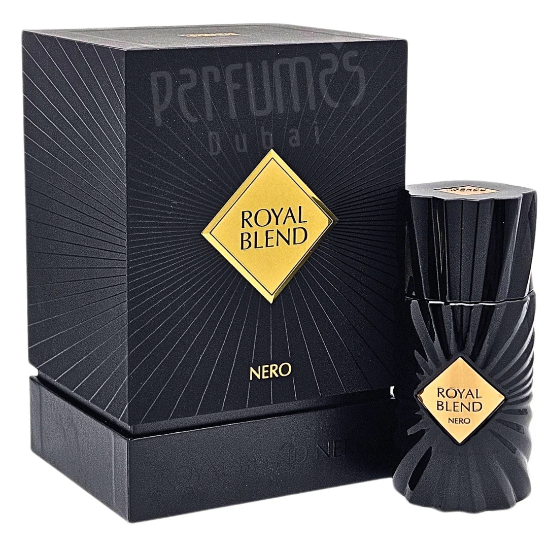 A striking black and gold perfume bottle labeled "French Avenue Royal Blend 'Nero'" is elegantly displayed alongside its matching box with embossed text, capturing the essence of a Woody Aromatic fragrance from Rio Perfumes.