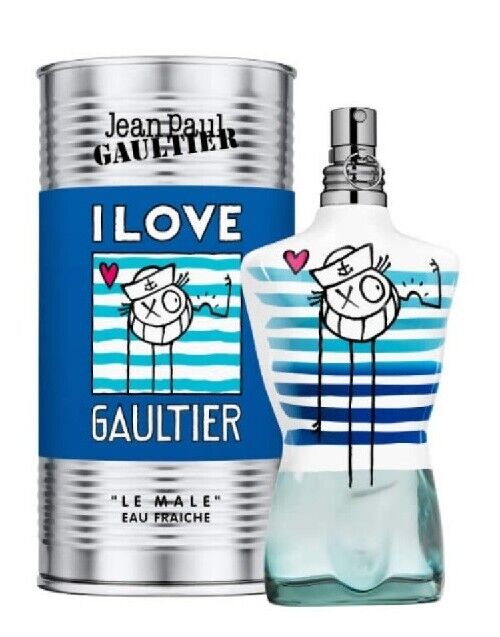 The Jean Paul Gaultier Le Male I Love Gaultier Eau Fraiche Eau de Toilette 125ml features sailor-inspired packaging with blue and white stripes and whimsical cartoon graphics. This fragrance is ideal for men who want to express, "I Love Gaultier," with each spray.