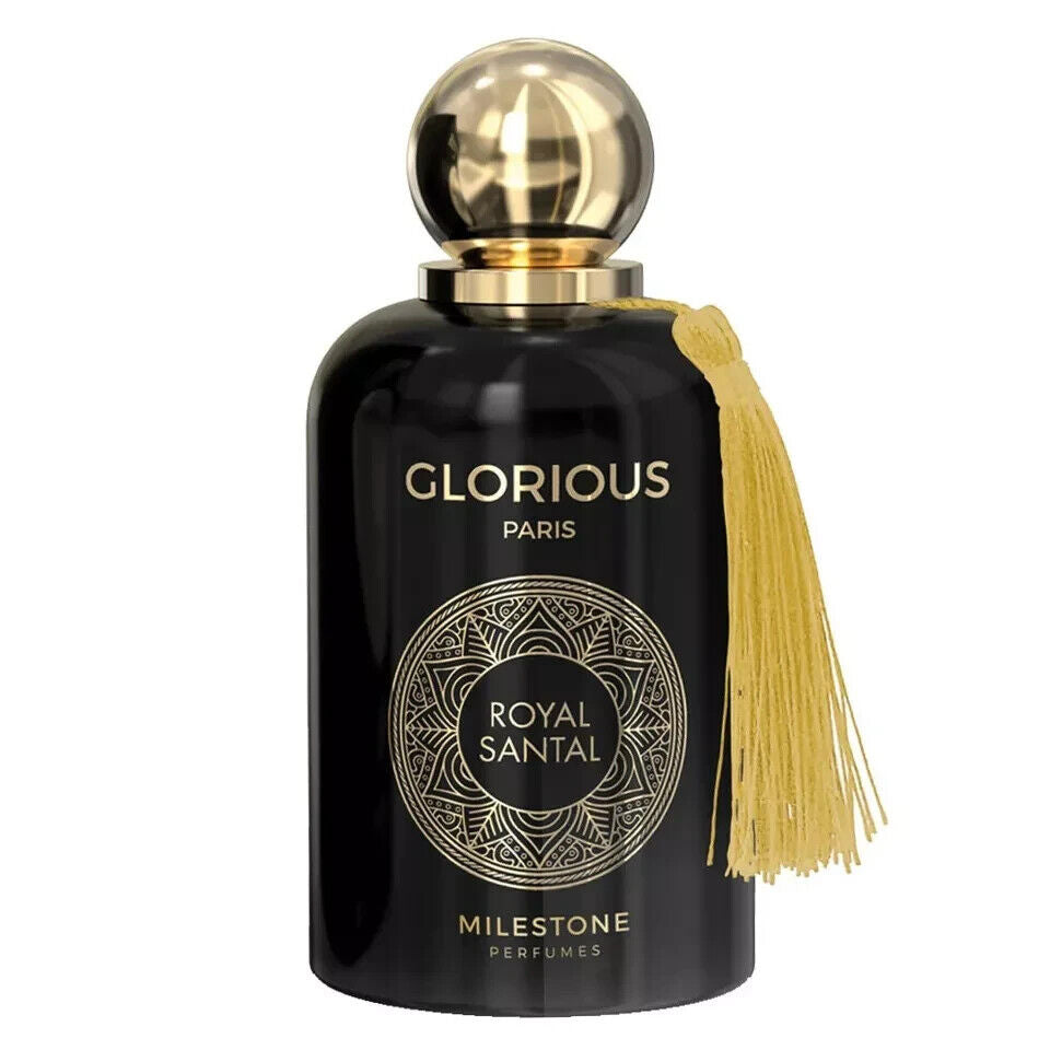 A striking black and gold Milestone Glorious Paris Royal Santal 100ml Eau De Parfum bottle features a decorative tassel, exuding a rich fragrance.