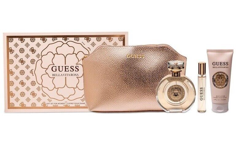 Explore the Guess Bella Vita Rosa for Women 100ml EDT Gift Set, a Floral Fruity fragrance set including perfume, body lotion, rollerball, and an elegant Guess bag. Perfect for women who appreciate sophisticated scents.