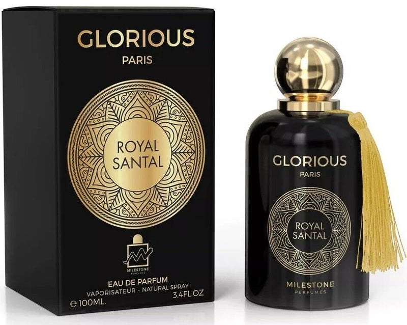 Load image into Gallery viewer, The &quot;Milestone Glorious Paris Royal Santal&quot; Eau De Parfum, embellished with a tassel, sits elegantly next to its black and gold box, emanating an enticing fragrance that enhances its luxurious design.
