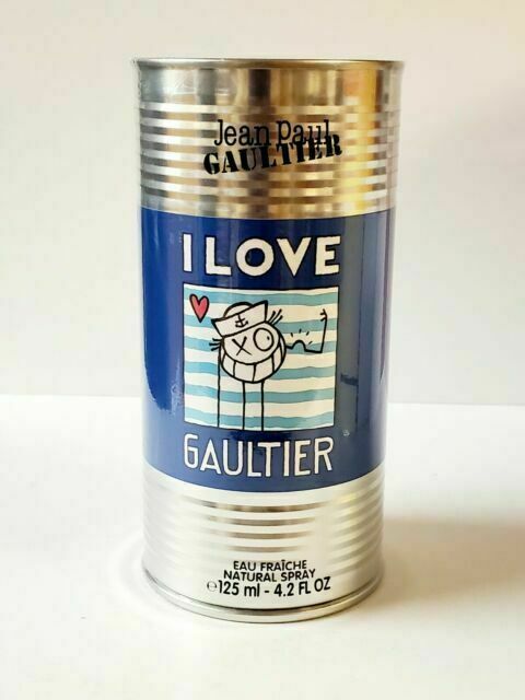 The Jean Paul Gaultier Le Male I Love Gaultier Eau Fraiche - Eau de Toilette 125ml showcases a whimsical canister design adorned with a smiling cartoon character and heart, making it an ideal fragrance choice for men who appreciate playful details.